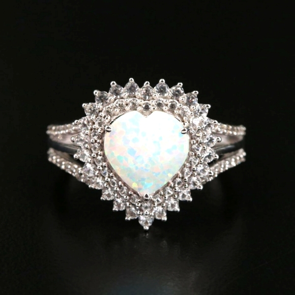 Sterling Opal and White Sapphire Heart Shaped Sterling Ring, Size 7 - Picture 2 of 5